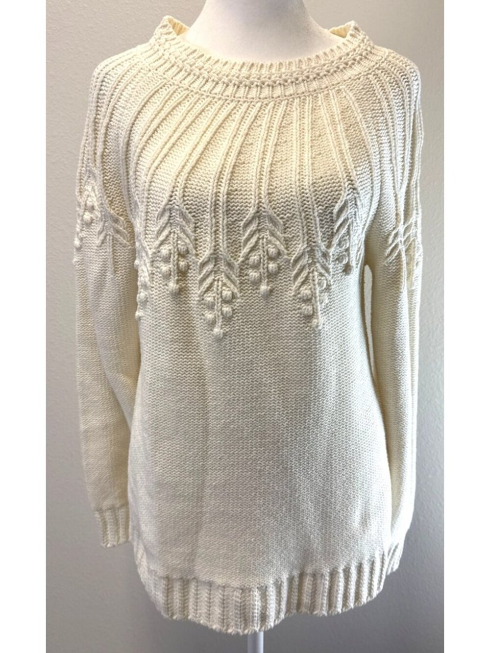 Talbots Women’s Cable Knit Ivory Crewneck Sweater Size M Cottagecore Holiday